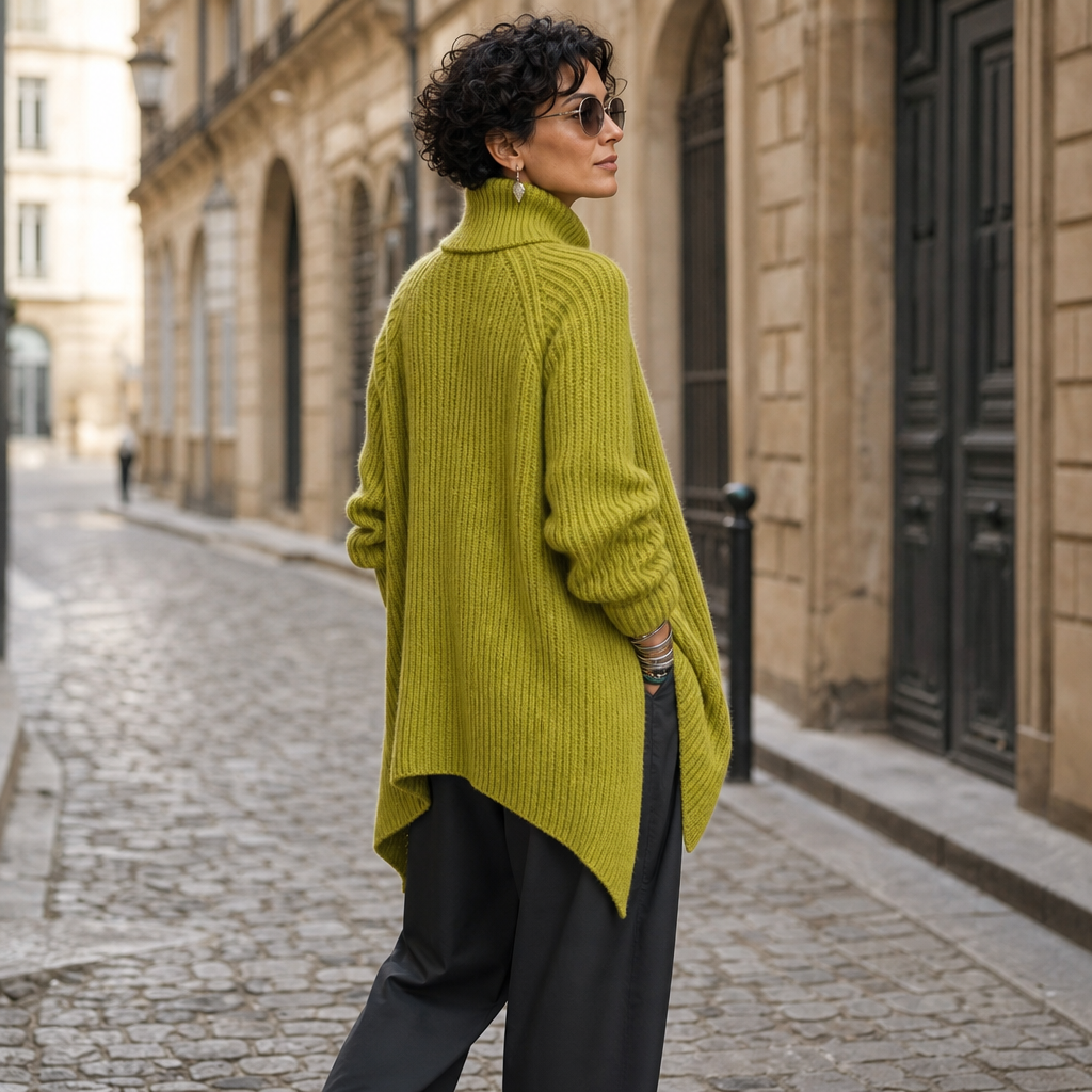 Vivid Muse – Asymmetric High-Neck Knit Sweater