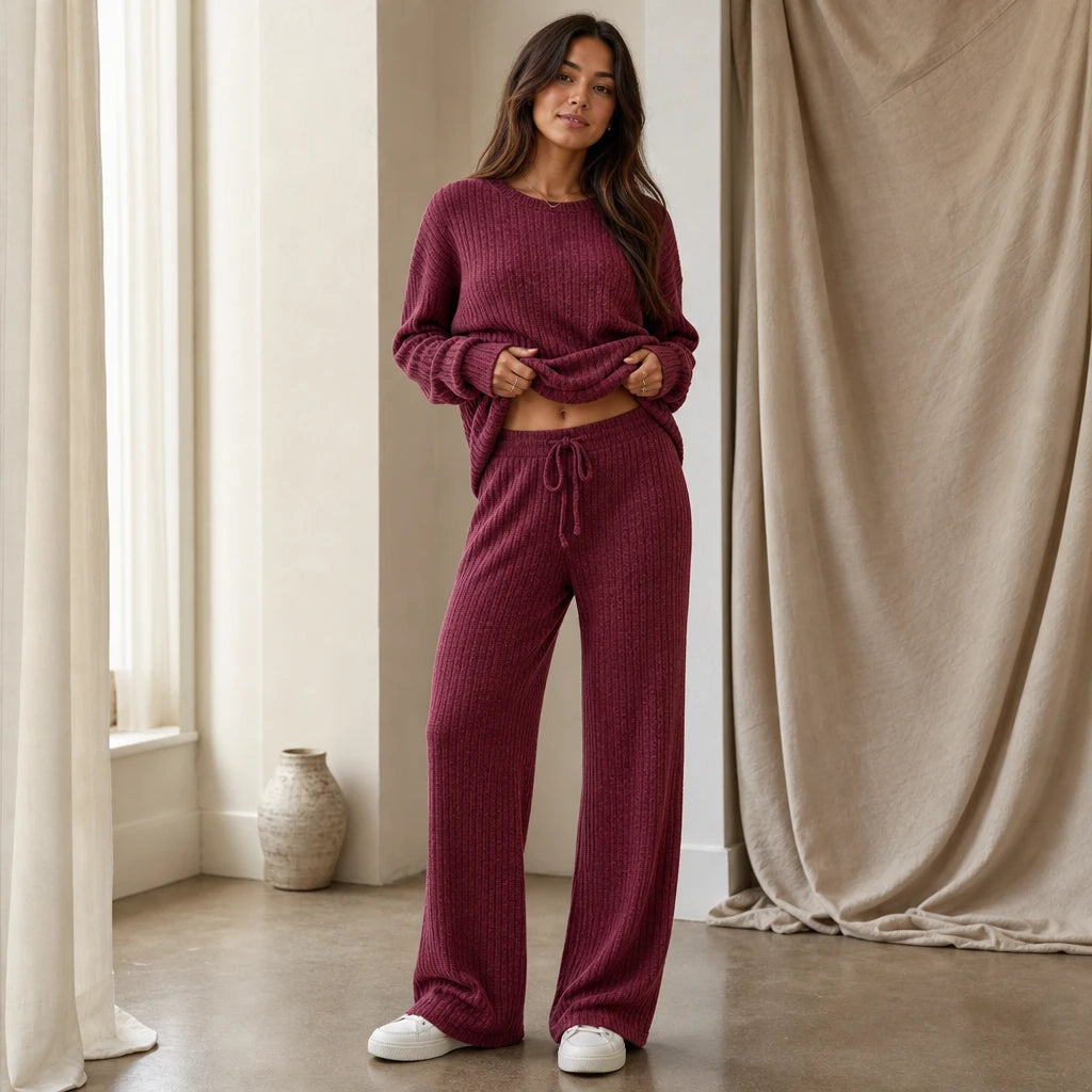 Softhaven – Ribbed Drop-Shoulder Sweater And Wide-Leg Pants Set