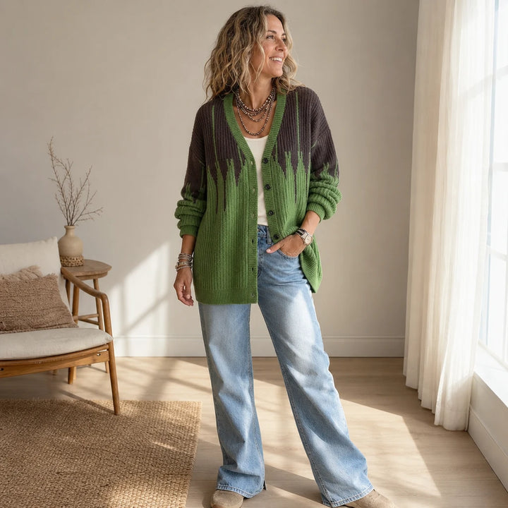 Verdant Brush Cardigan – Gradient Brushstroke Ribbed Knit Cardigan