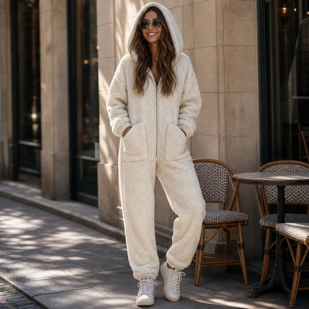 Cozyline – Hooded Zip-Front Straight-Leg Jumpsuit