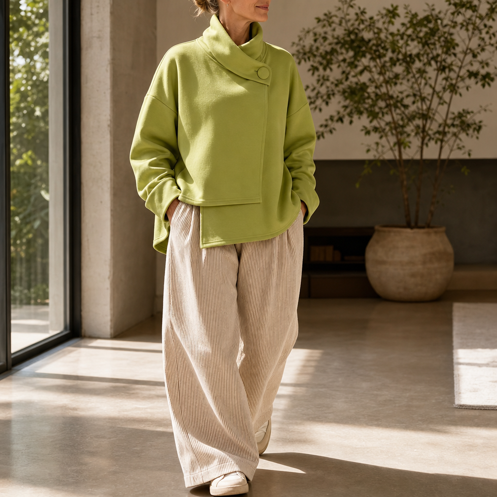 Draperly – Asymmetric Cowl Neck Button Sweatshirt