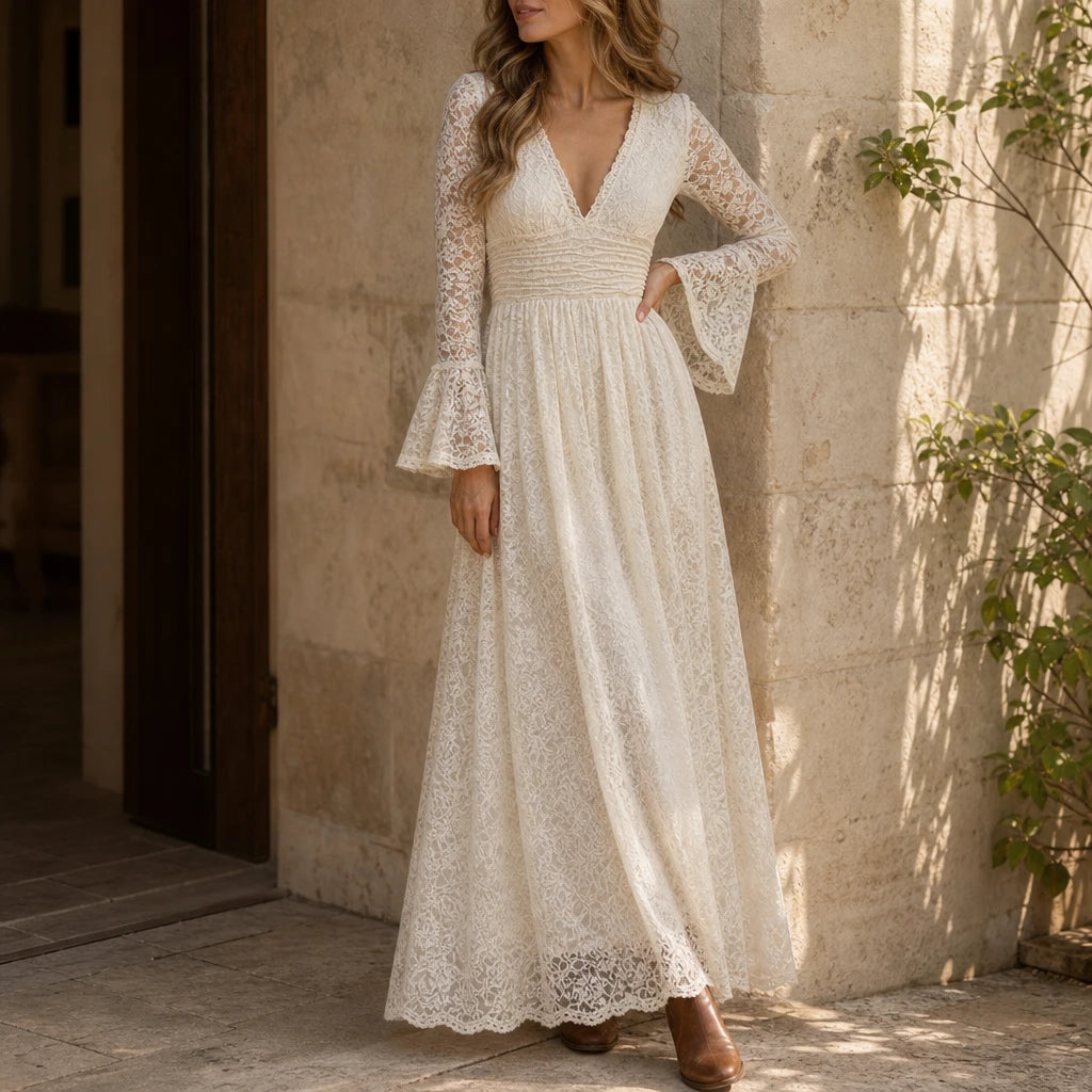 Florenza – Scalloped V-Neck Ruched Waist Lace Maxi Dress