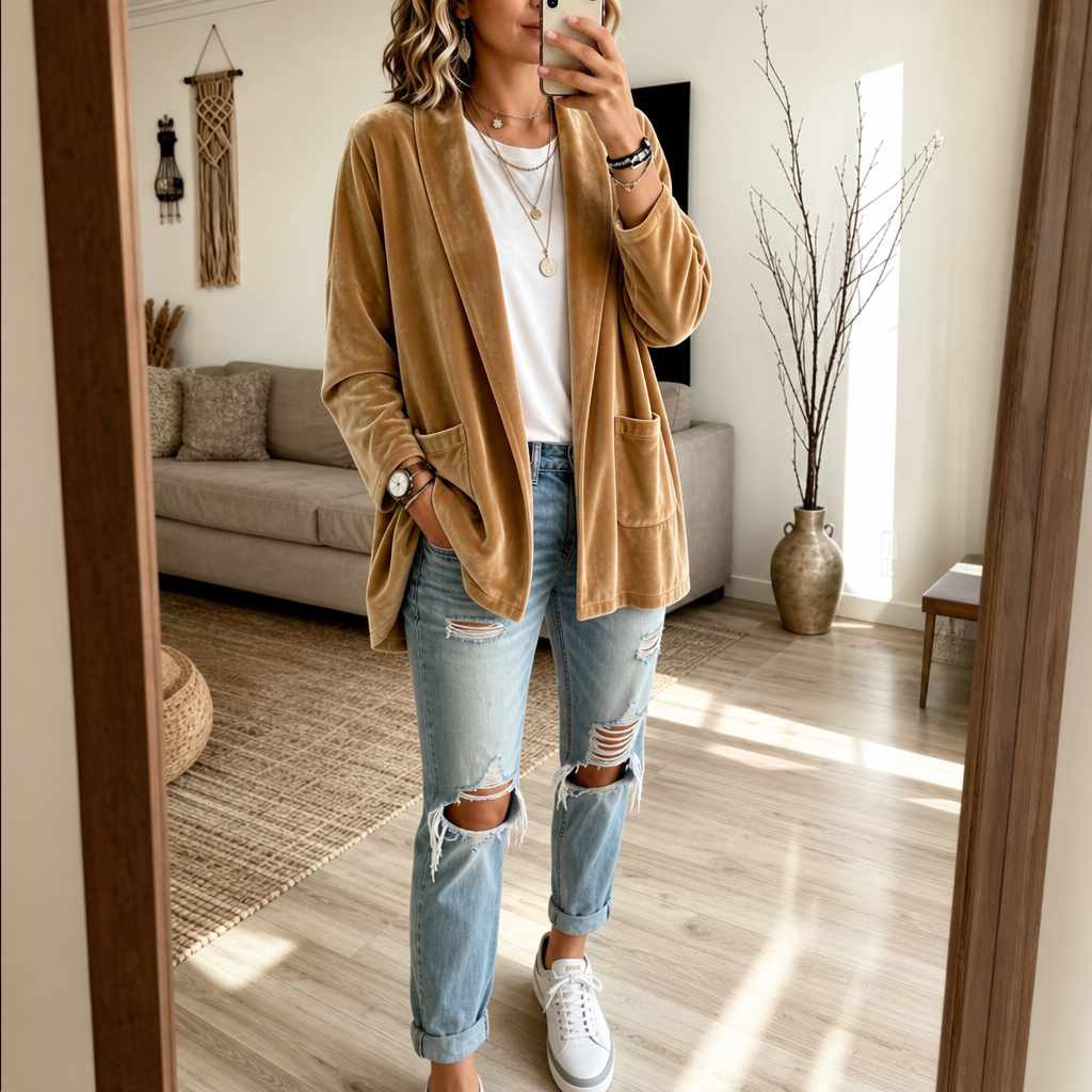 Velvetelle – Textured Velvet Shawl-Collar Open-Front Cardigan