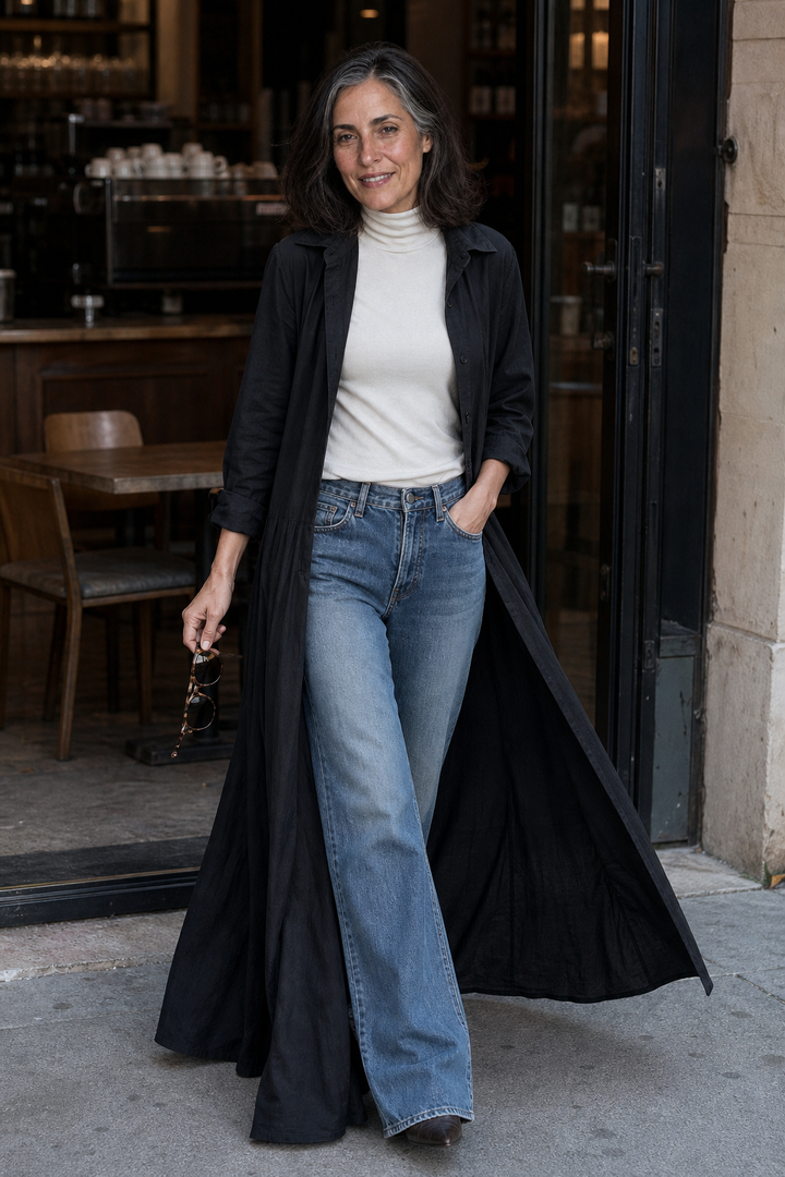Belveil – Belted Collared Long-Sleeve Maxi Shirt Dress