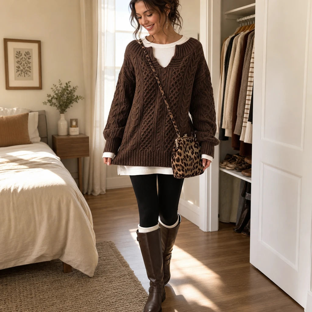 Layerella – Cable-Knit Mock-Layer V-Neck Sweater