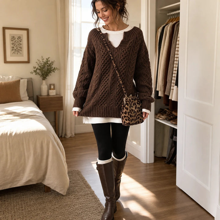 Layerella – Cable-Knit Mock-Layer V-Neck Sweater