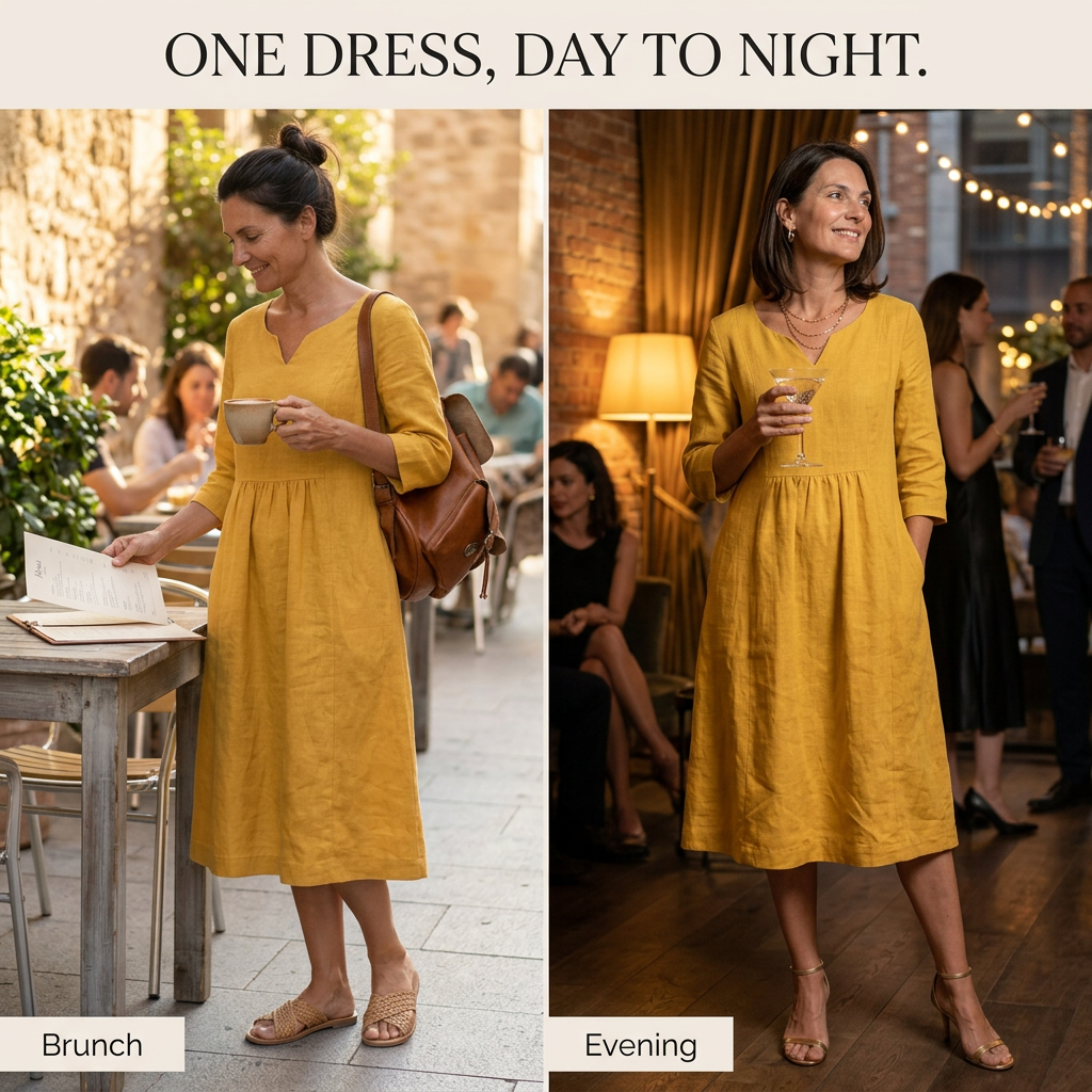 Solenne – Relaxed V-Neck Midi Dress with Pockets