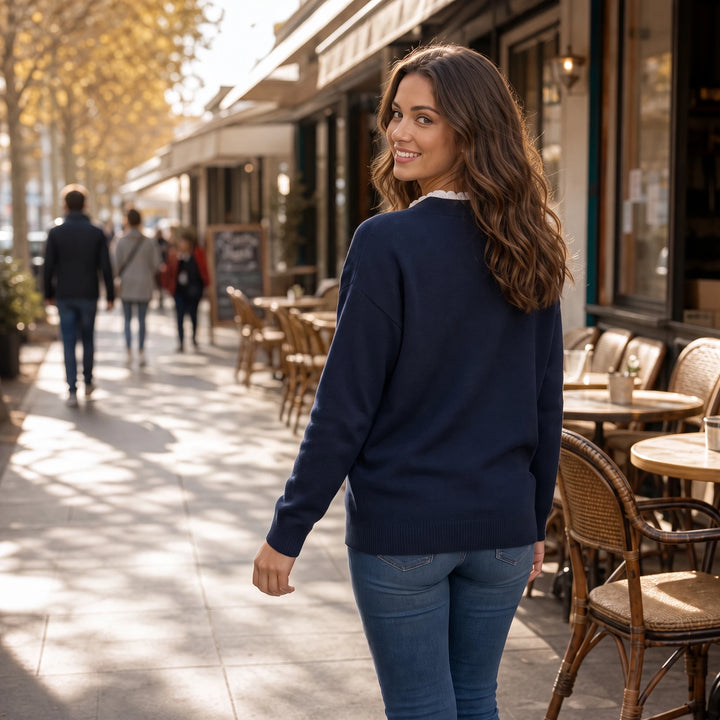 Lacewell – Scalloped Lace-Trim Mock-Neck Knit Sweater