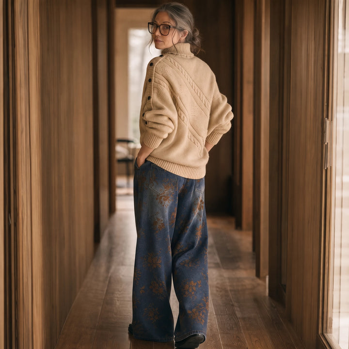 Cabledge – Diagonal Cable-Knit Button-Neck Sweater