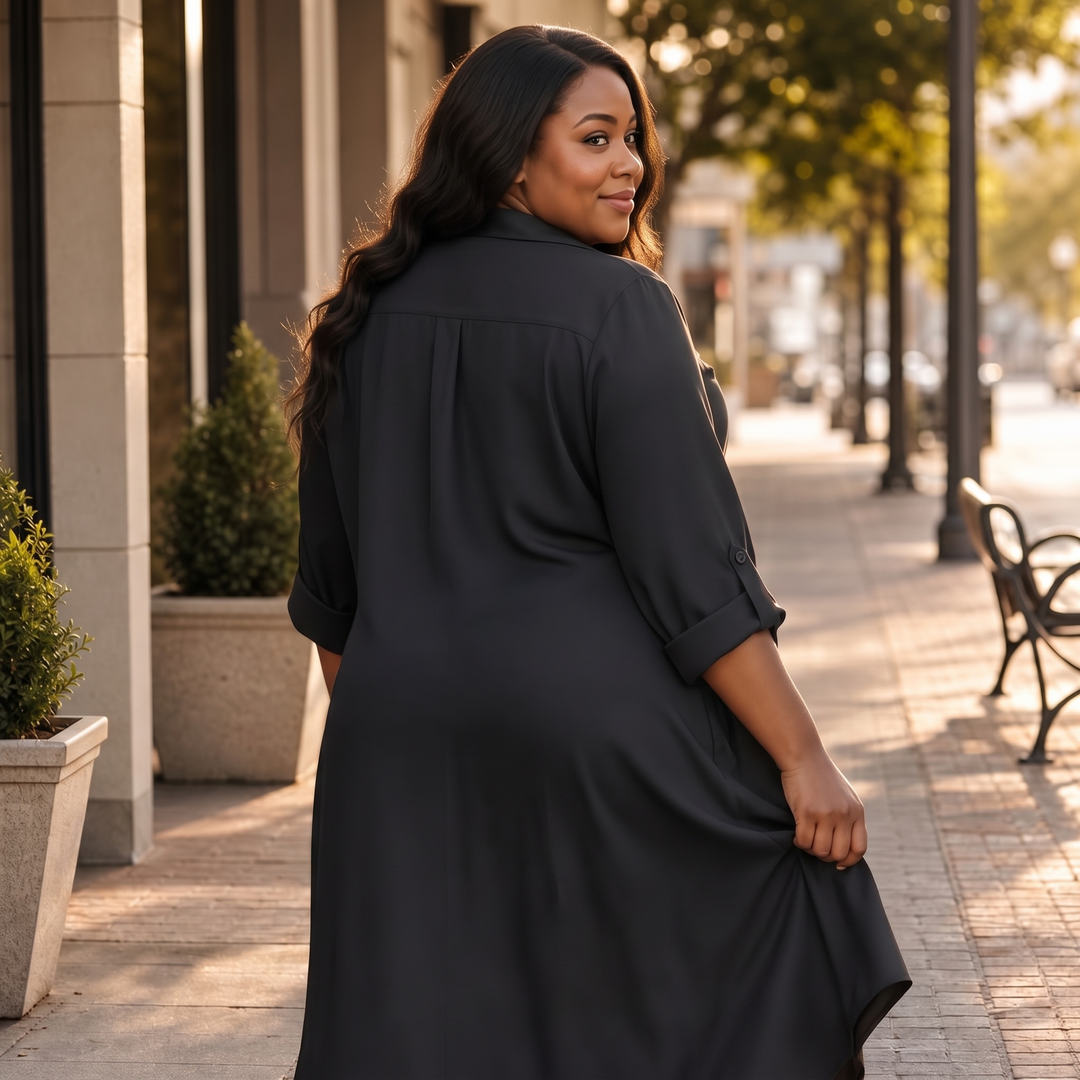 Drapeelle – Satin Button-Front Shirt Dress