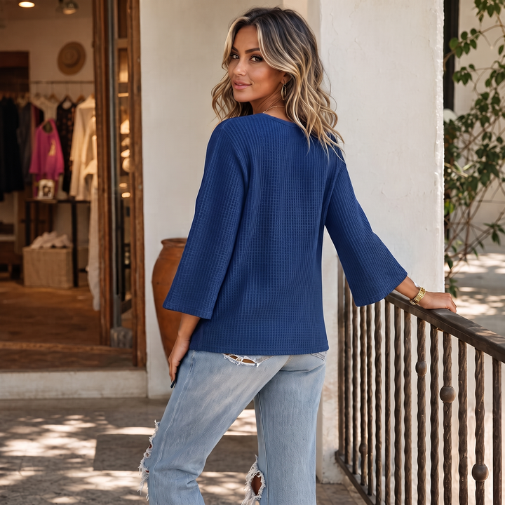 Drapella – Asymmetric Crossover Hem Waffle Knit Top