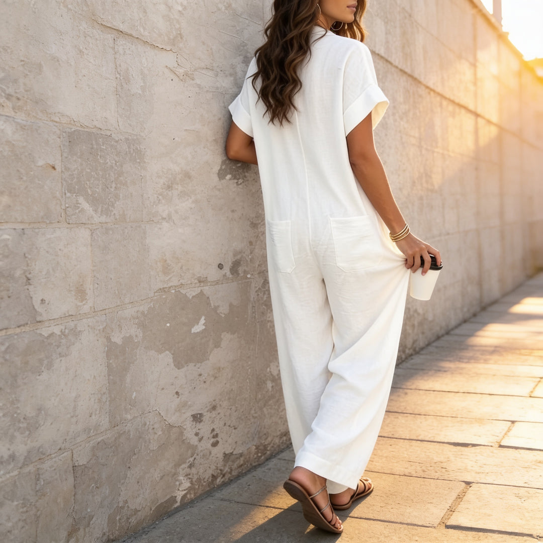 Fauxmalwear – Wide-Leg Button-Front Shirt Collar Jumpsuit