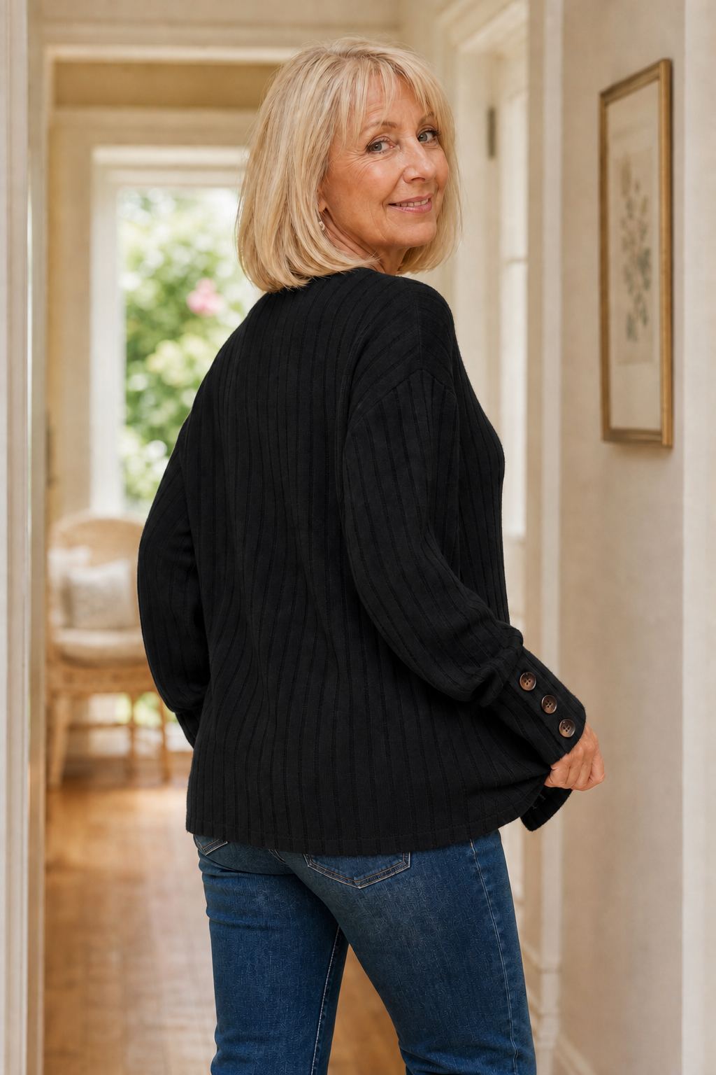 Mavenly – Ribbed V-Neck Button-Cuff Sweater