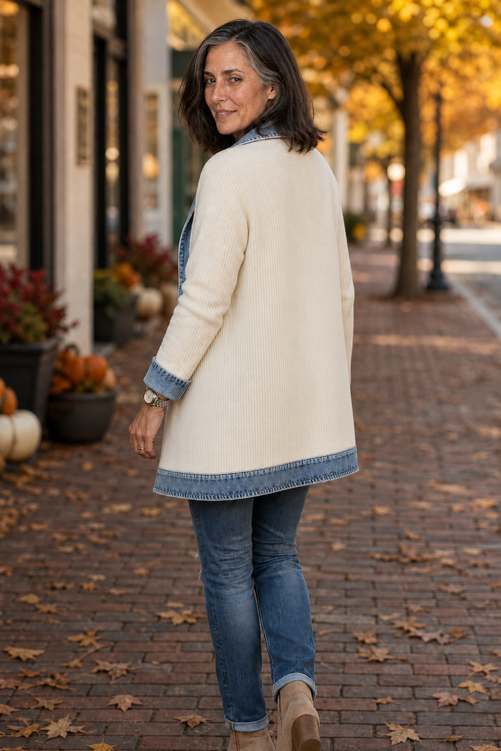 Wearbella – Denim-Look Spliced Ribbed Knit Coat