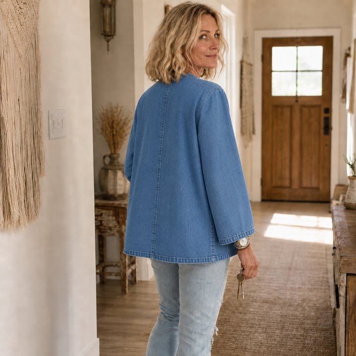 Drapella – Collarless Soft-Denim-Look Button-Down Cardigan