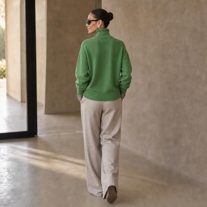 Asymvia – Asymmetric Gold-Tone Button Mock Neck Sweater