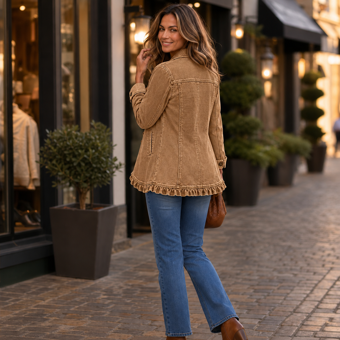 Ruffle & Row – Ruffle-Trim Button-Front Denim-Look Jacket