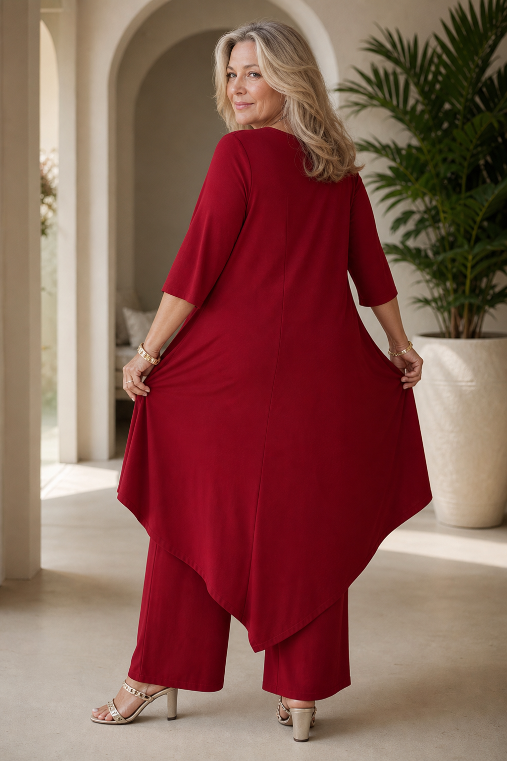 Lineve – Asymmetric Diagonal-Hem Top And Wide-Leg Pants Set