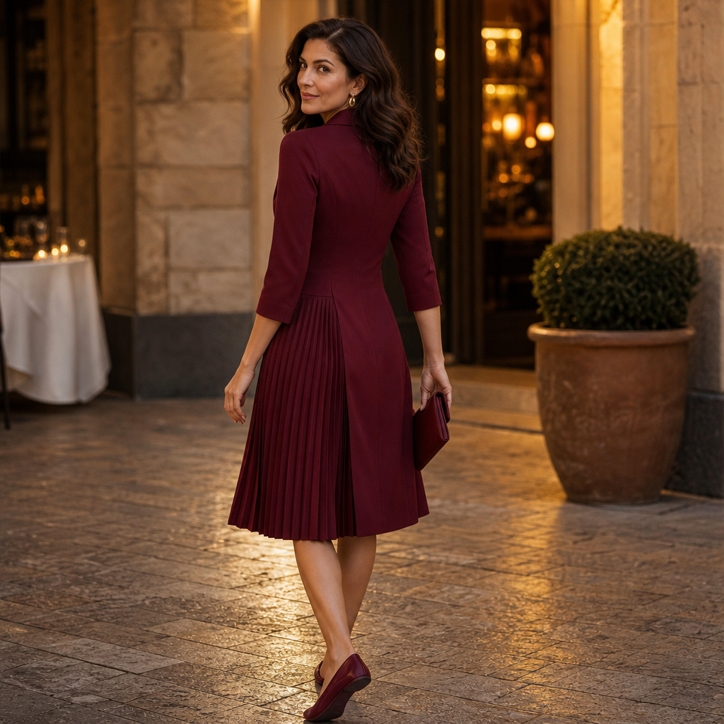 Vellaire – Gold Button Asymmetric Pleated Blazer Dress