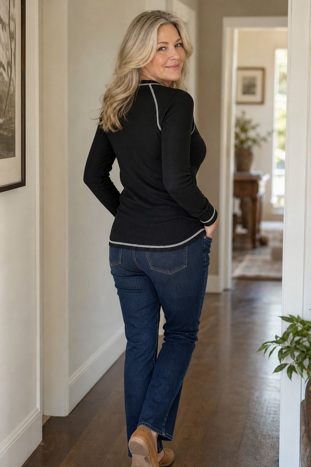 Wearbella – Waffle Knit Contrast Stitch Henley Top