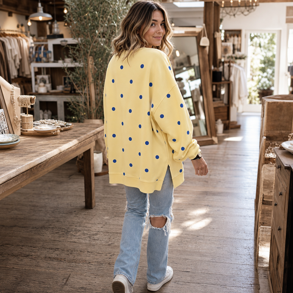 Sunbelle – Polka Dot Ribbon-Tie Neck Sweatshirt