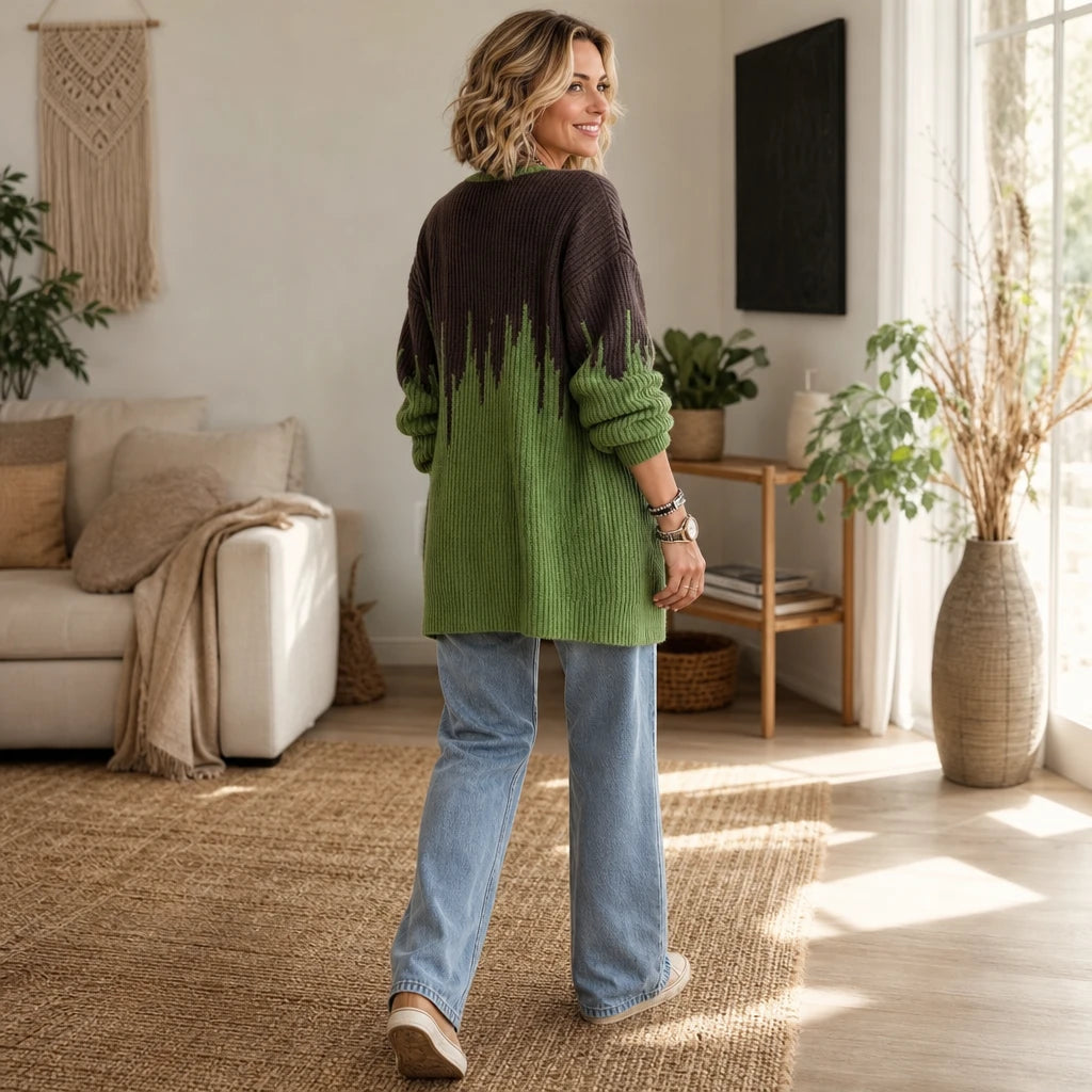Verdant Brush Cardigan – Gradient Brushstroke Ribbed Knit Cardigan
