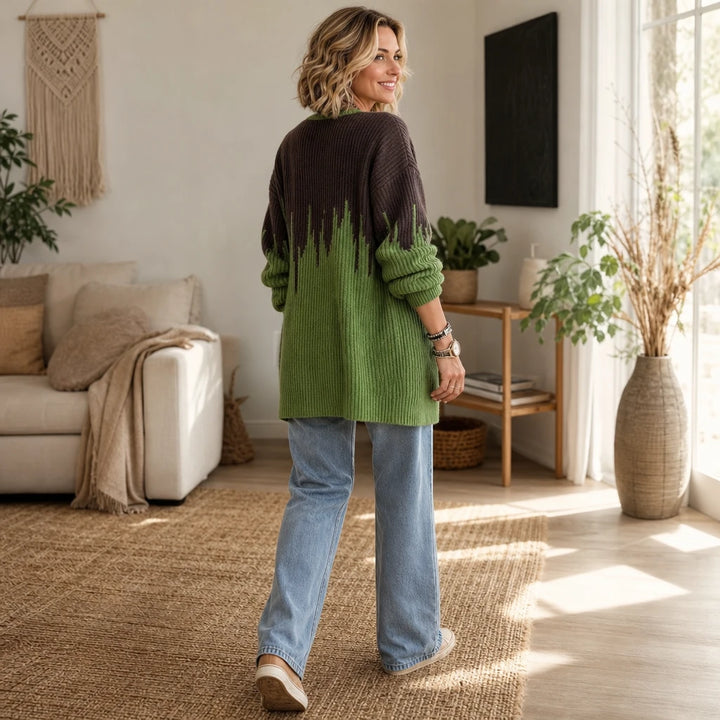 Verdant Brush Cardigan – Gradient Brushstroke Ribbed Knit Cardigan