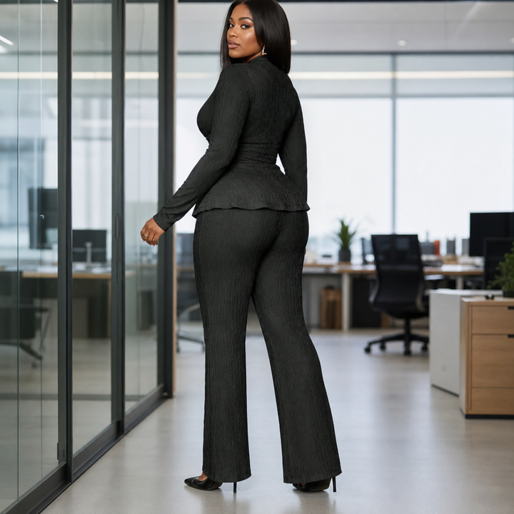 Vessora – Pleated Waist Flared Leg Top And Trousers Set