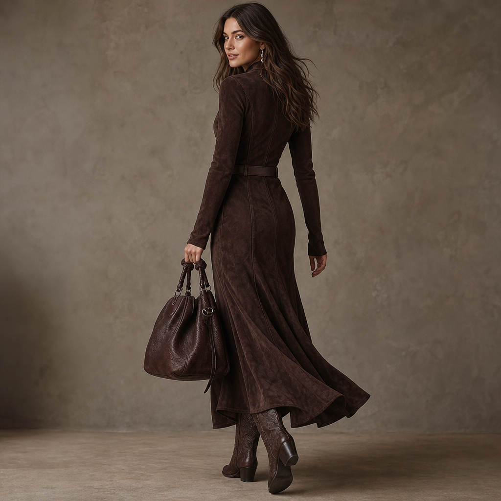 Noreva – Belted Zipper-Front Suede-Look Maxi Dress