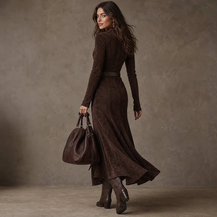 Noreva – Belted Zipper-Front Suede-Look Maxi Dress