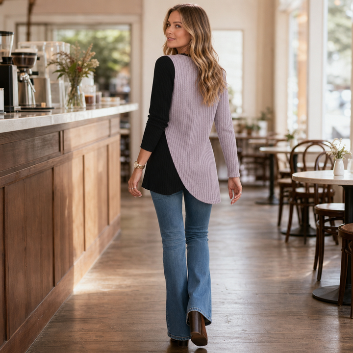 Verlyne – Asymmetric Lace-Trim Color-Block Ribbed Top