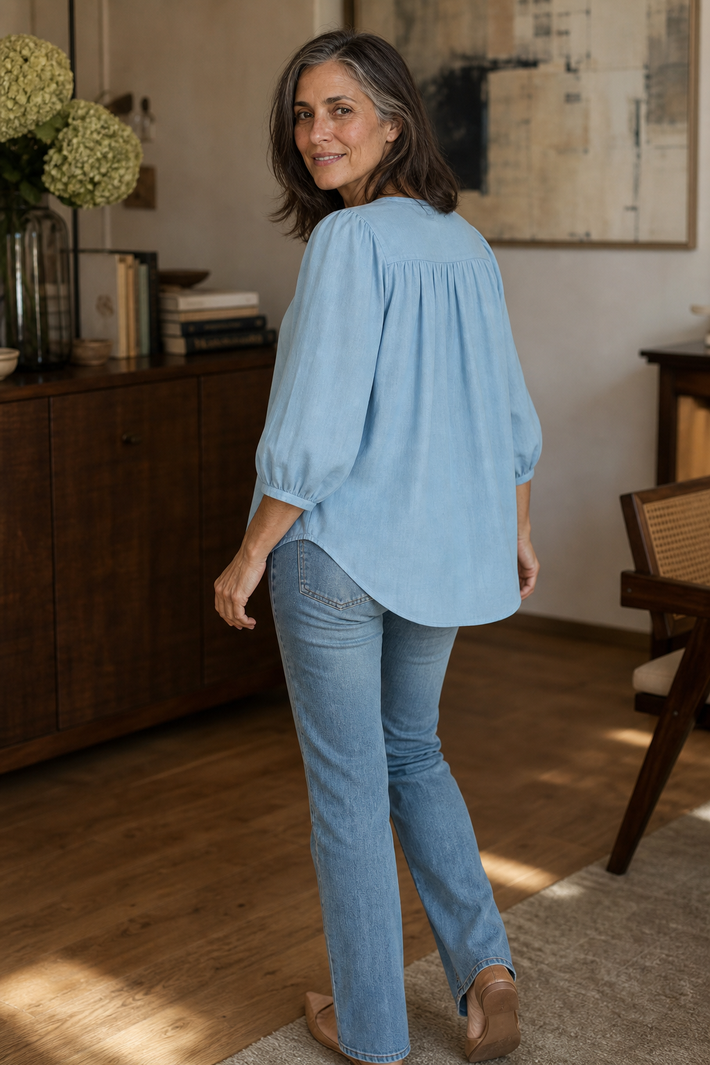 Wearbella – Gathered V-Neck Puff Sleeve Blouse