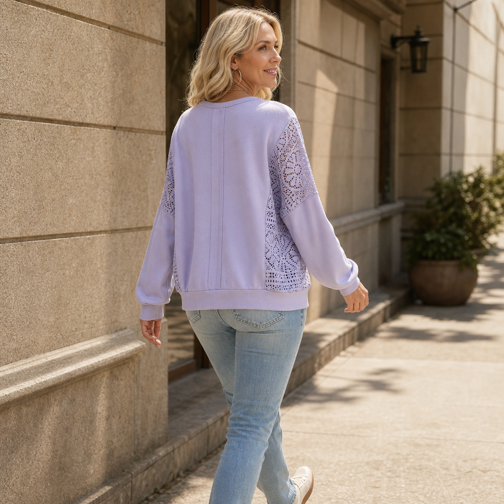Lacebella – Floral Lace Panel Lantern-Sleeve Sweatshirt