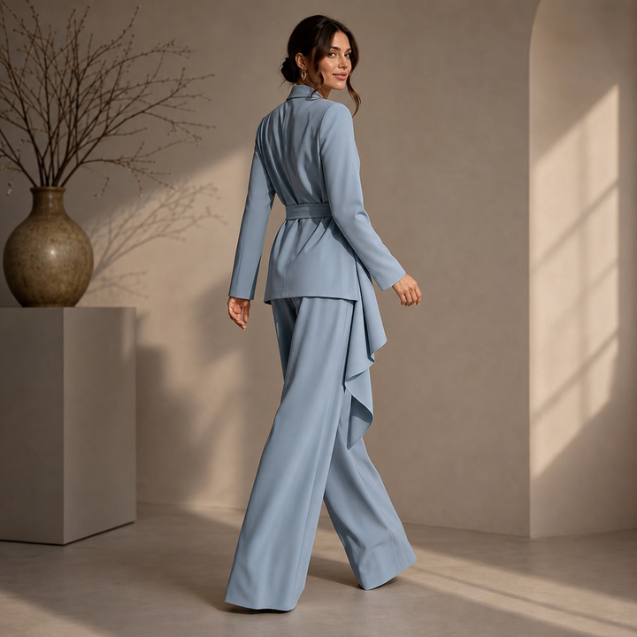 Drapevera – Buckle-Belted Wrap Blazer And Wide-Leg Trouser Set
