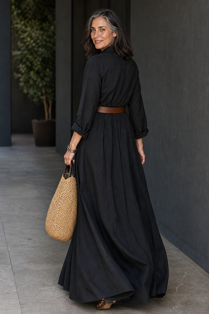 Belveil – Belted Collared Long-Sleeve Maxi Shirt Dress