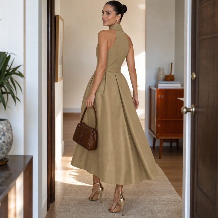 Elara Verona – Zip-Neck Stand Collar Fit-And-Flare Midi Dress