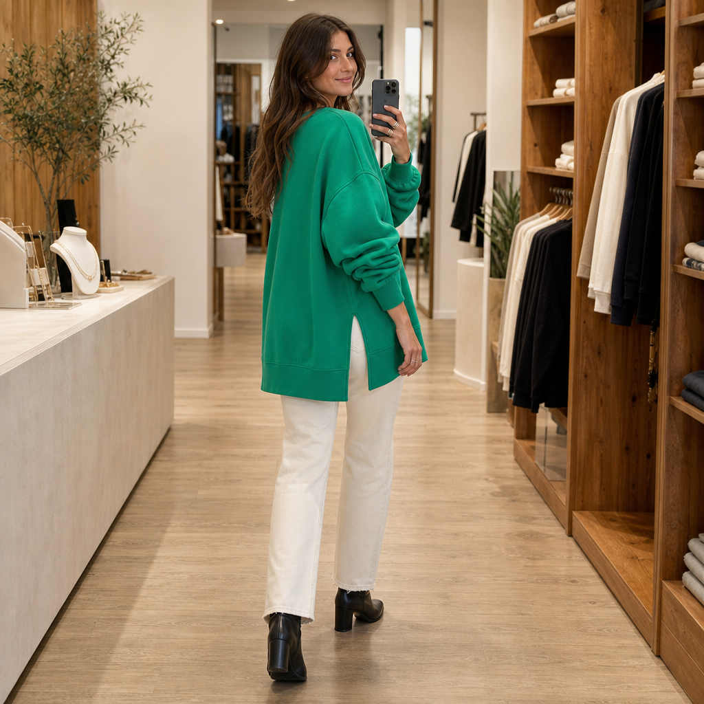 Verdant Ease – Drop Shoulder Side-Slit Sweatshirt