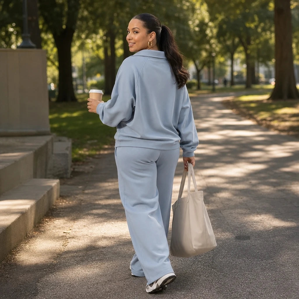 Velaire – Collared V-Neck Top And Straight-Leg Pants Set