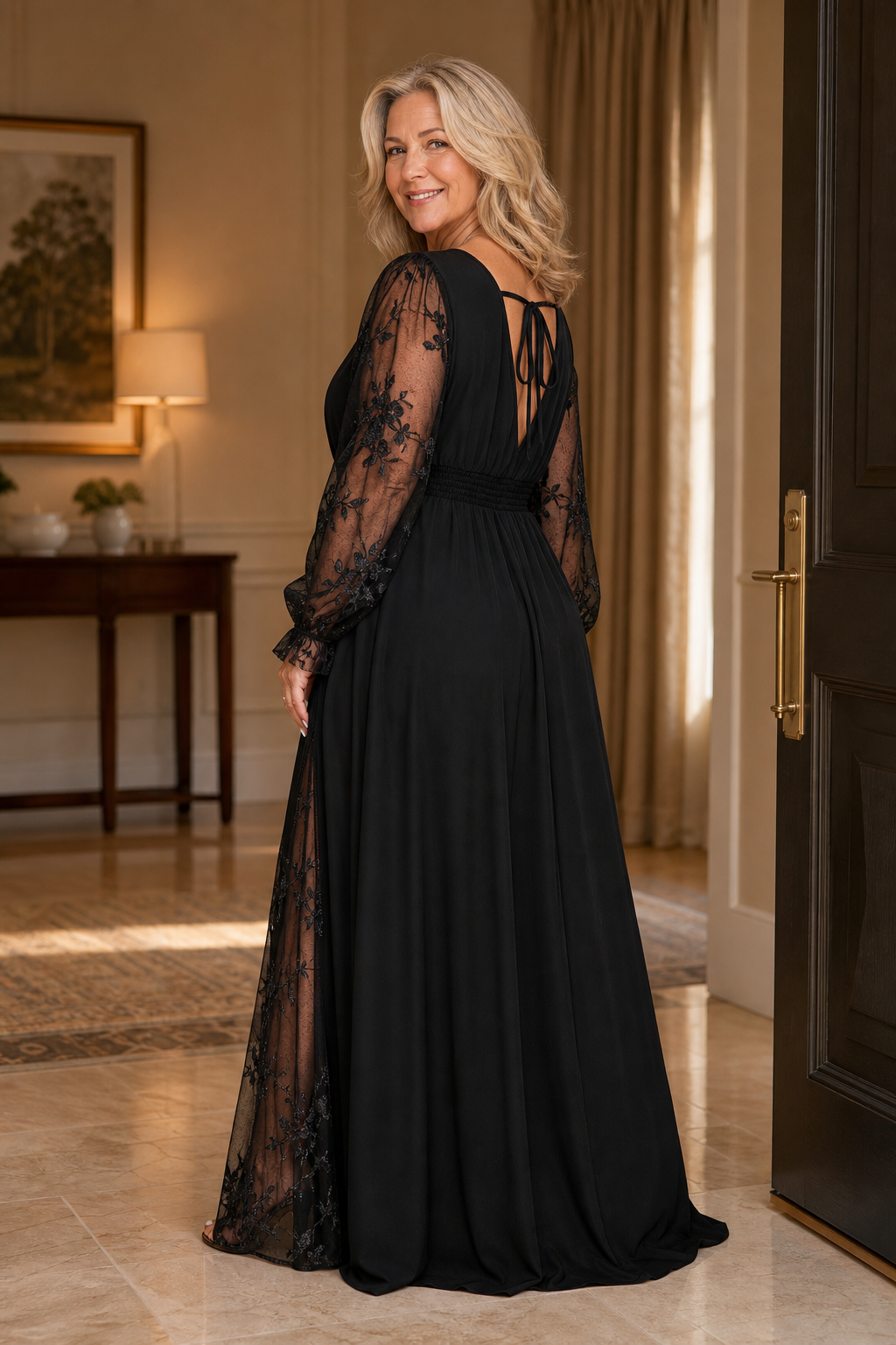 Wearbella – Lace-Sleeve A-Line Empire Waist Maxi Dress