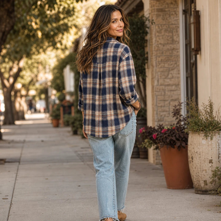 Caledon – Plaid Button-Front Long-Sleeve Blouse