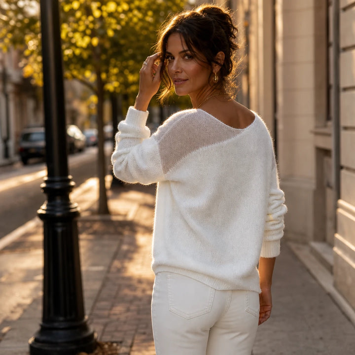 Veloura – Sheer-Shoulder Faux-Mink Sweater