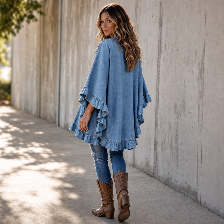 Ruffledenim – Ruffle-Trim Open-Front Denim Cardigan