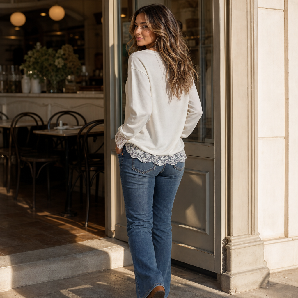 Lacewell – Sheer Lace Neckline Long-Sleeve Top