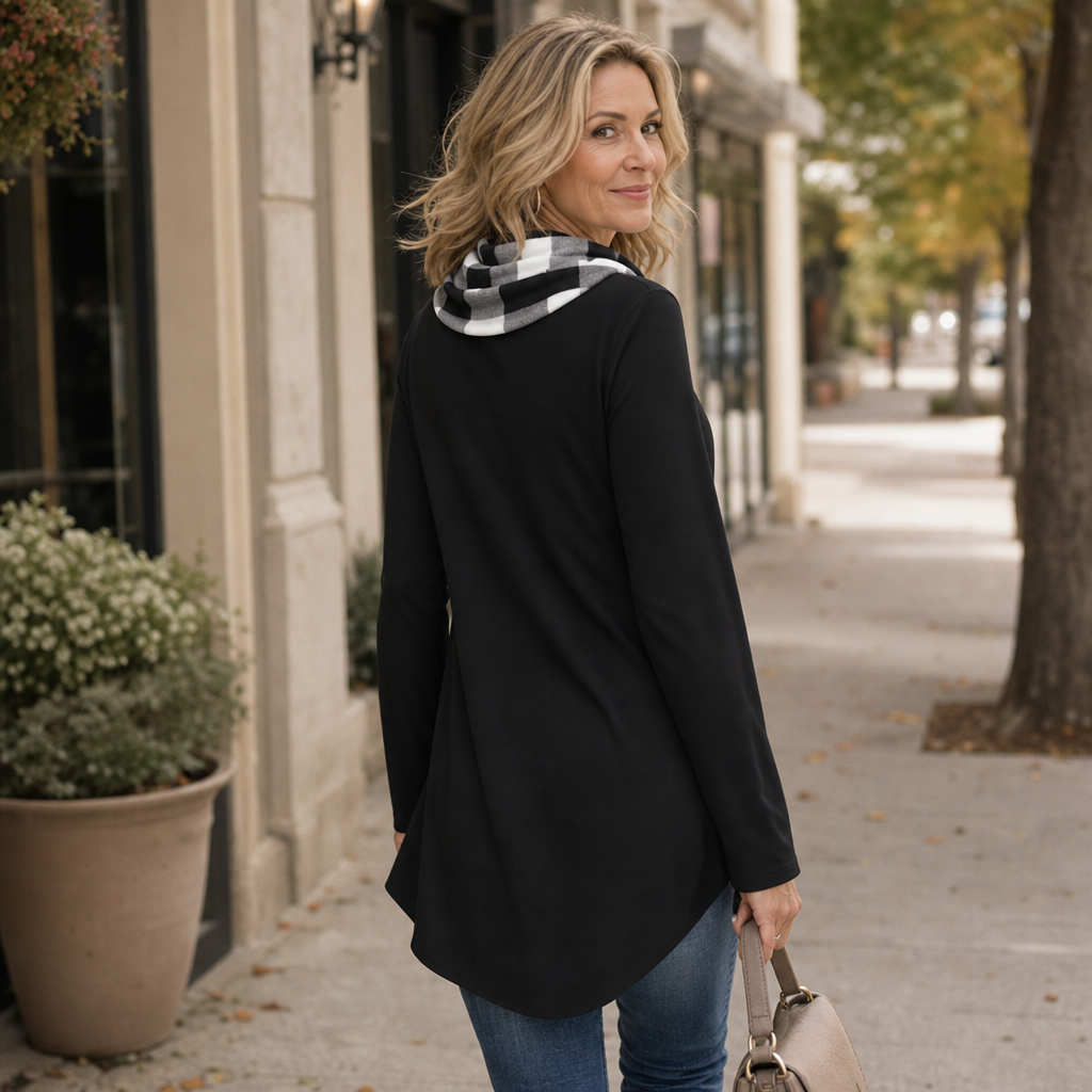 Layerella – Plaid-Detail Faux-Layered Long-Sleeve Tunic