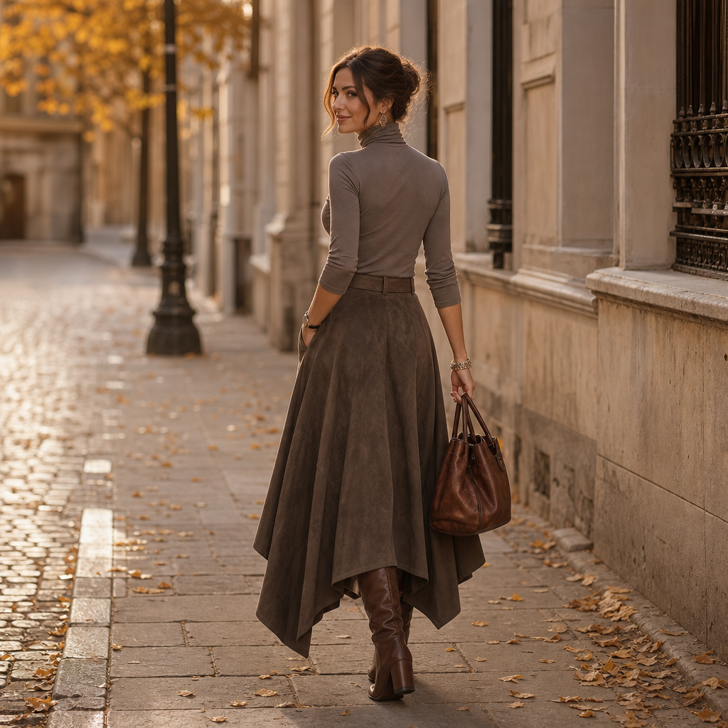 Sienna Fold – Asymmetrical Pleated Faux-Suede Skirt Set