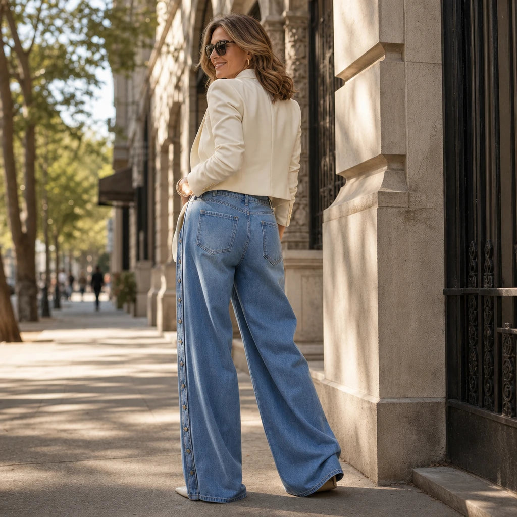 Sidebelle – Asymmetrical Button Wide-Leg Jeans