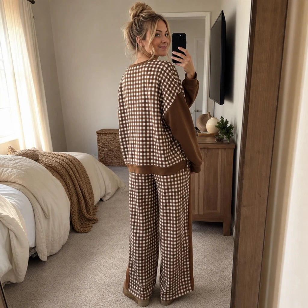 Gingham Ease – Gingham Long-Sleeve Top And Wide-Leg Pants Set