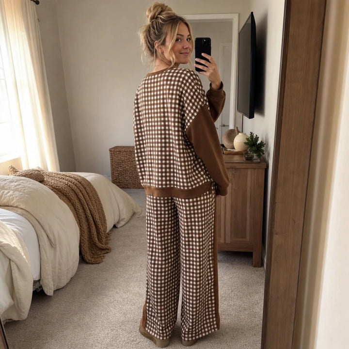 Gingham Ease – Gingham Long-Sleeve Top And Wide-Leg Pants Set