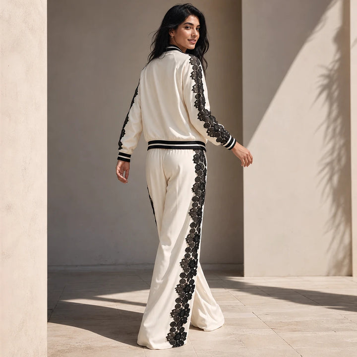 Lace & Leisure – Floral Lace Panel Track Jacket And Wide-Leg Pants Set