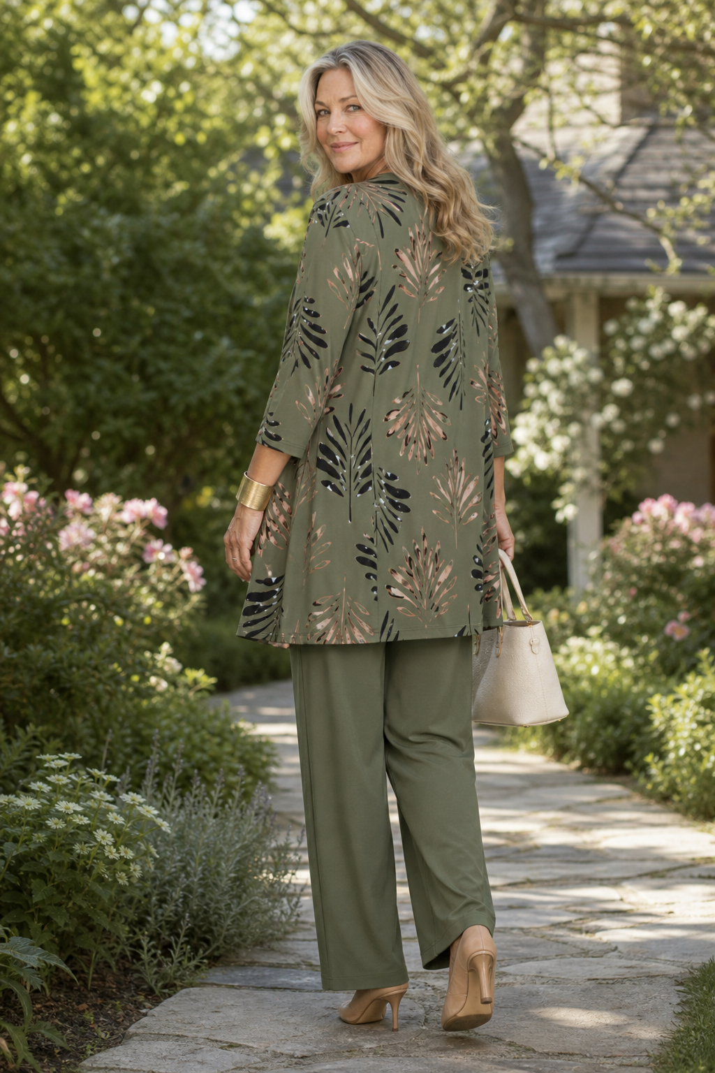 Wearbella – Botanical Print Cardigan, Top And Pants Set